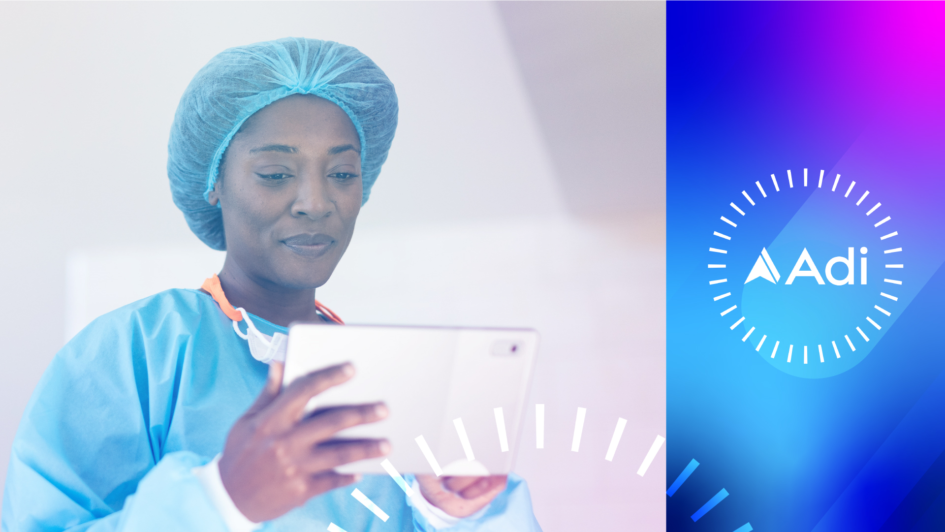 Woman in surgical gown and cap looking at ipad, Adi logo on right
