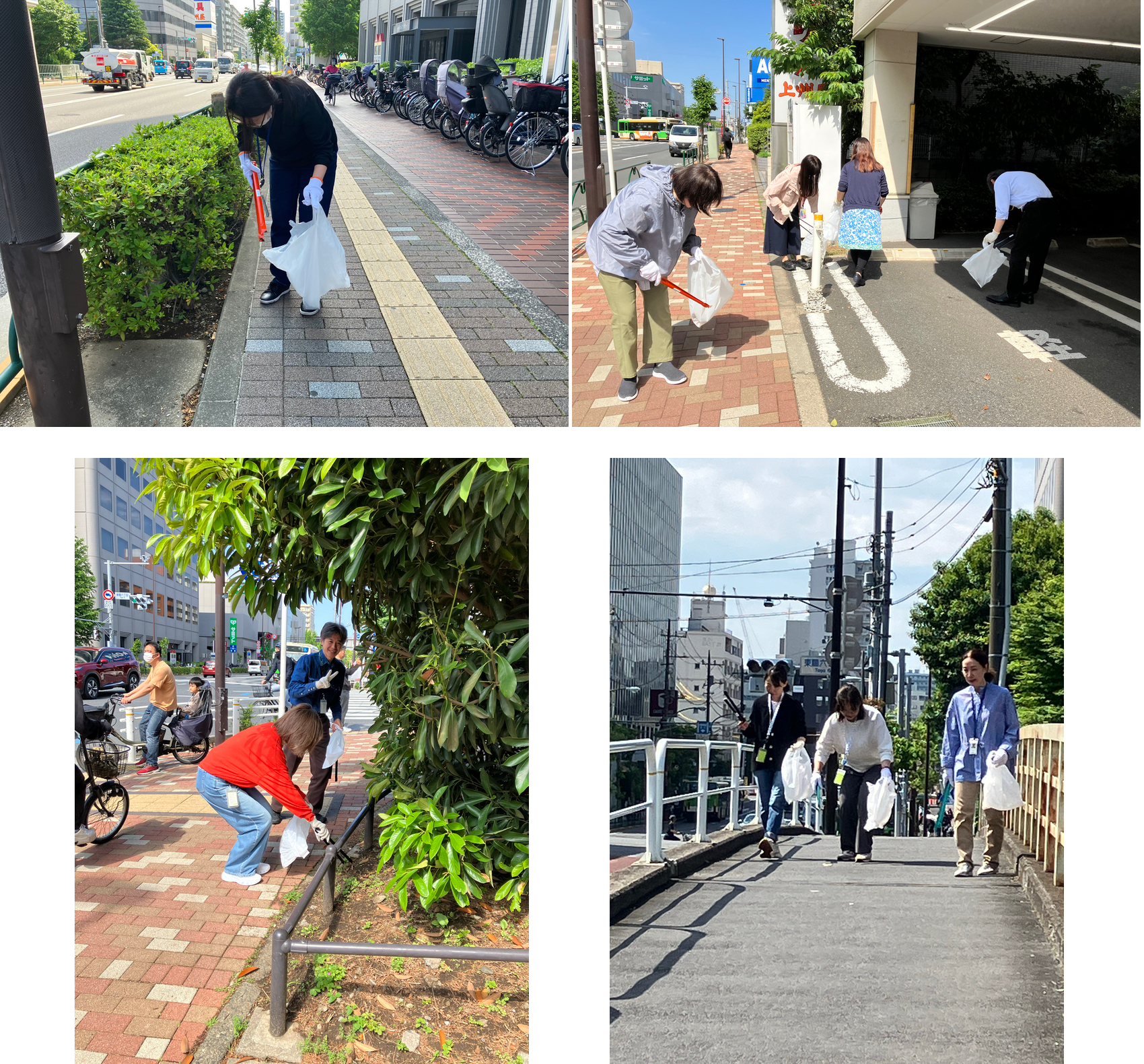 歩道沿いのゴミ拾いを行うアルコン社員たちの写真