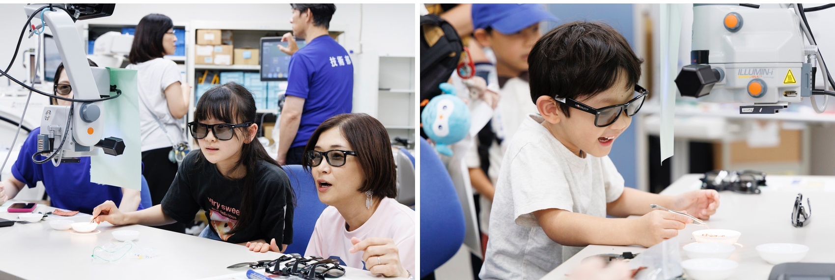 Family members in safety glasses performing science experiments