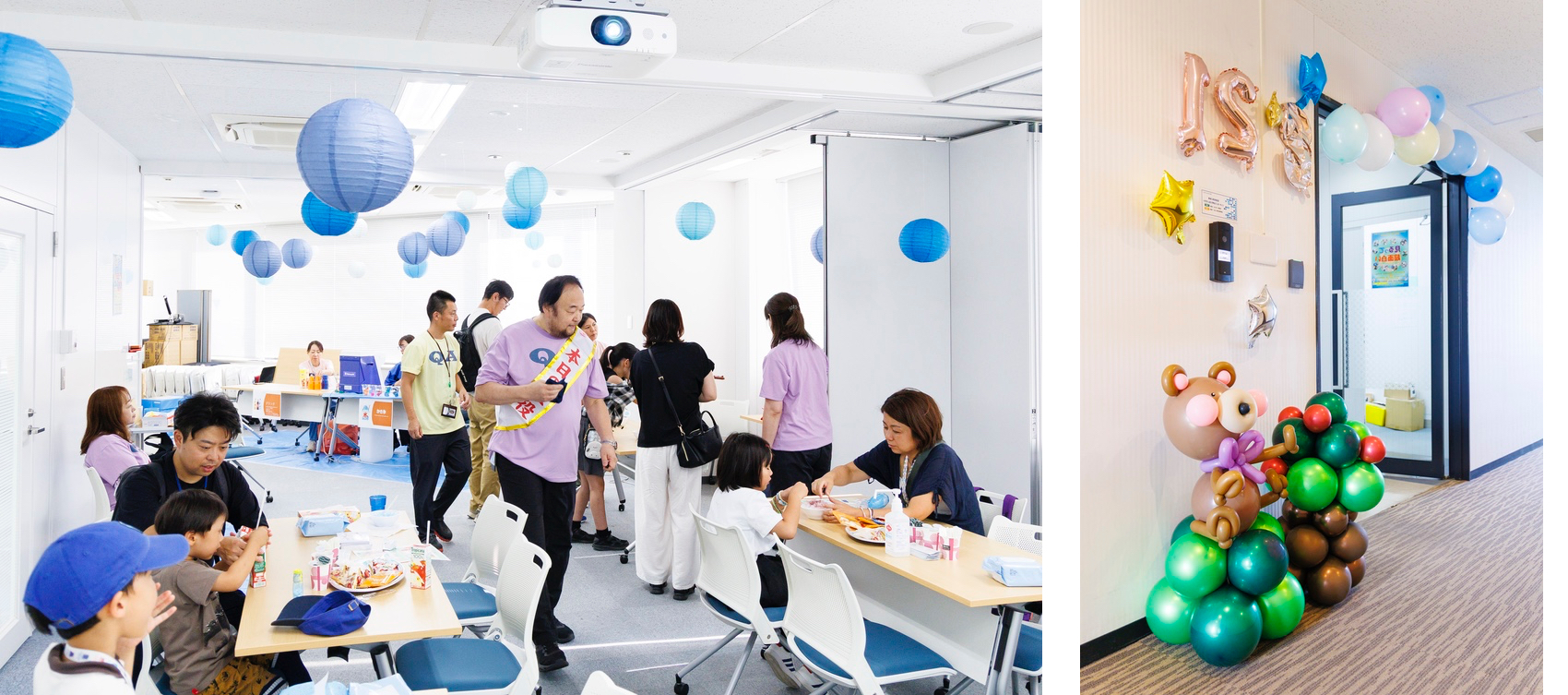Families having lunch and balloon decoration in hallway