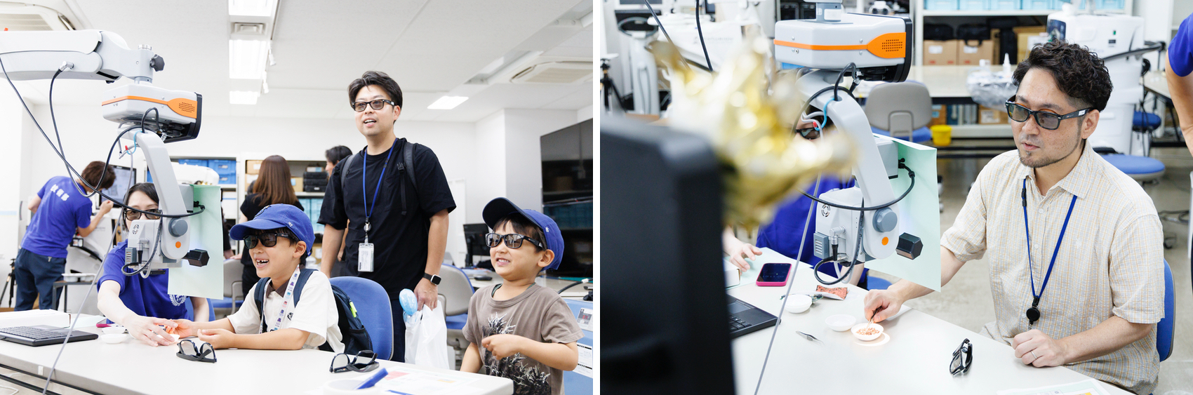 Families working with scientific equipment