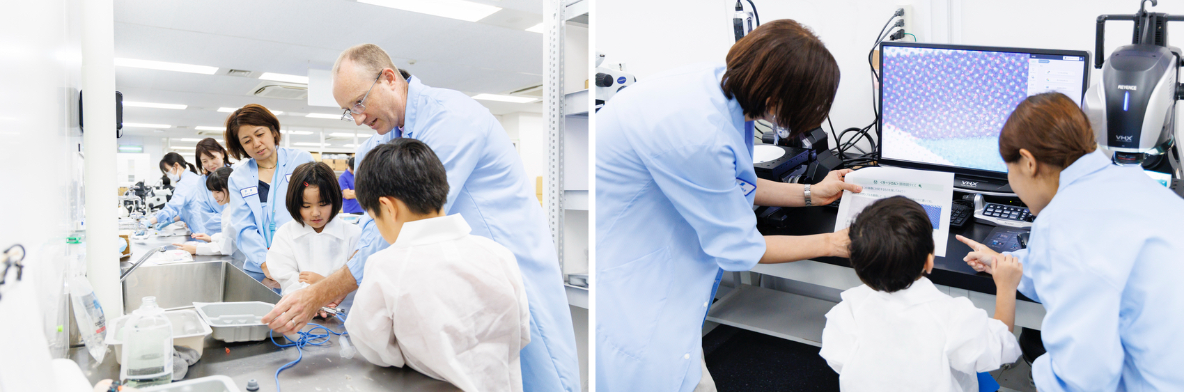 Families and Alcon employees in lab coats