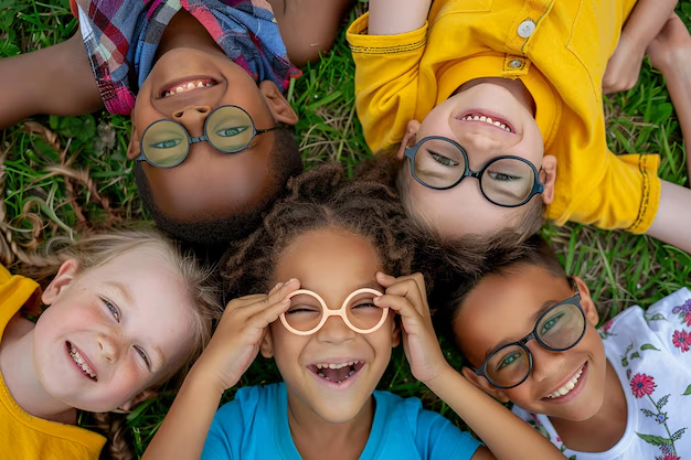Group of smiling kids, lying in the grass with their heads togther
