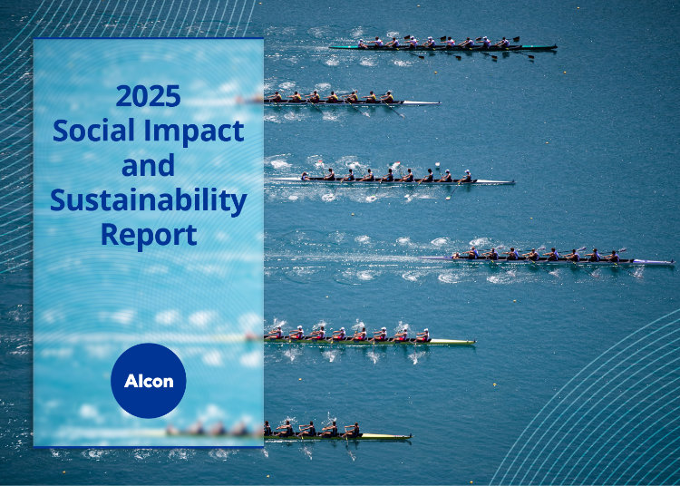 Alcon 2025 Social Impact and Sustainability Report cover with aerial view of rowing teams on blue water.